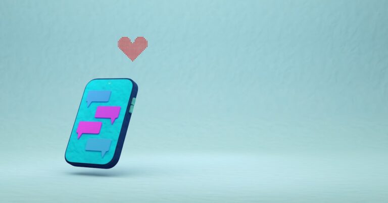 Smartphone avec bulles de chat et icône cœur, application de rencontre