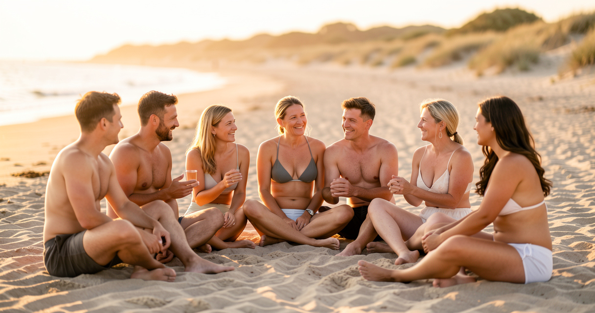 Groupe d'amis naturistes souriants assis ensemble sur la plage au coucher du soleil